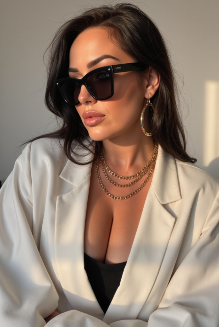 AI clone editorial portrait in cream blazer with gold layered chains