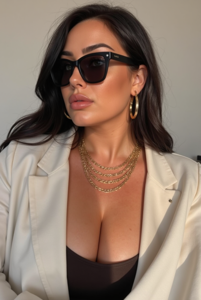 AI clone in cream blazer with stacked gold necklaces