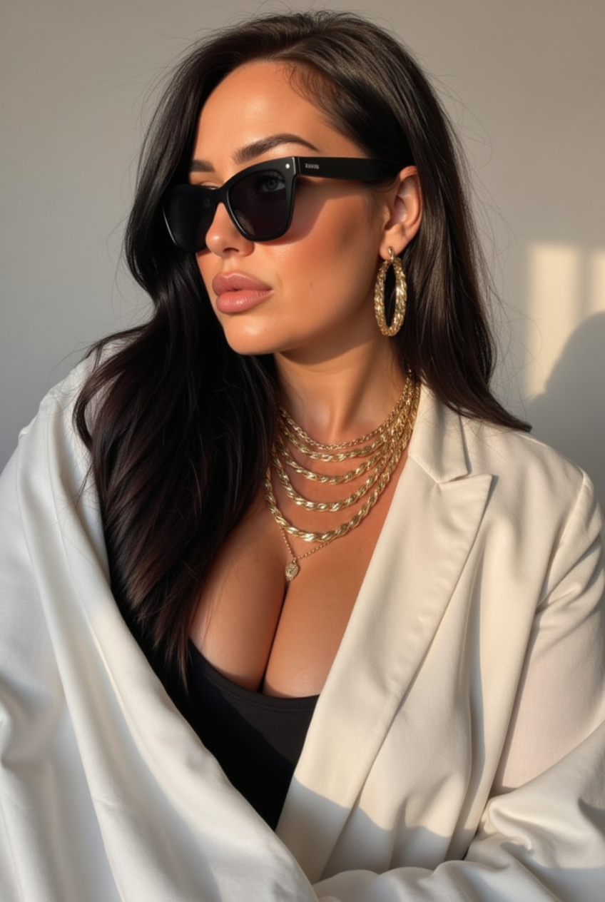 AI clone close-up with oversized sunglasses and hoop earrings