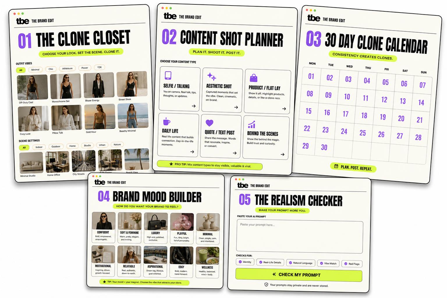 Mockup of the five bonus tools: Clone Closet, Content Shot Planner, 30 Day Clone Calendar, Brand Mood Builder and Realism Checker
